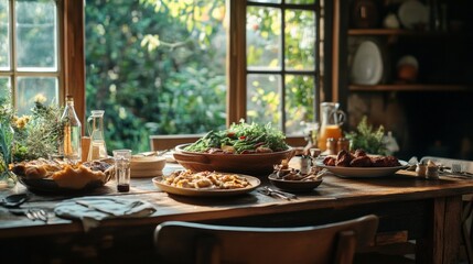 A Beautiful Dining Table with Delicious Food and Fresh Ingredients in a Cozy Setting