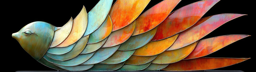 Obraz premium A vivid metal sculpture depicts an abstract bird with dynamic green and orange plumage on a dark background