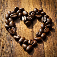 Fototapeta premium Coffee beans are arranged in the shape of a heart on a rustic wooden surface, radiating warmth and charm