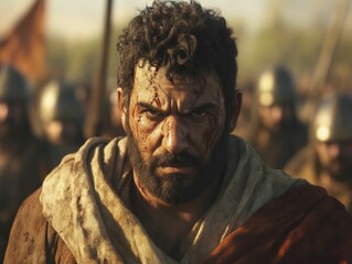 Fototapeta premium Bloody warrior, intense gaze, army background.