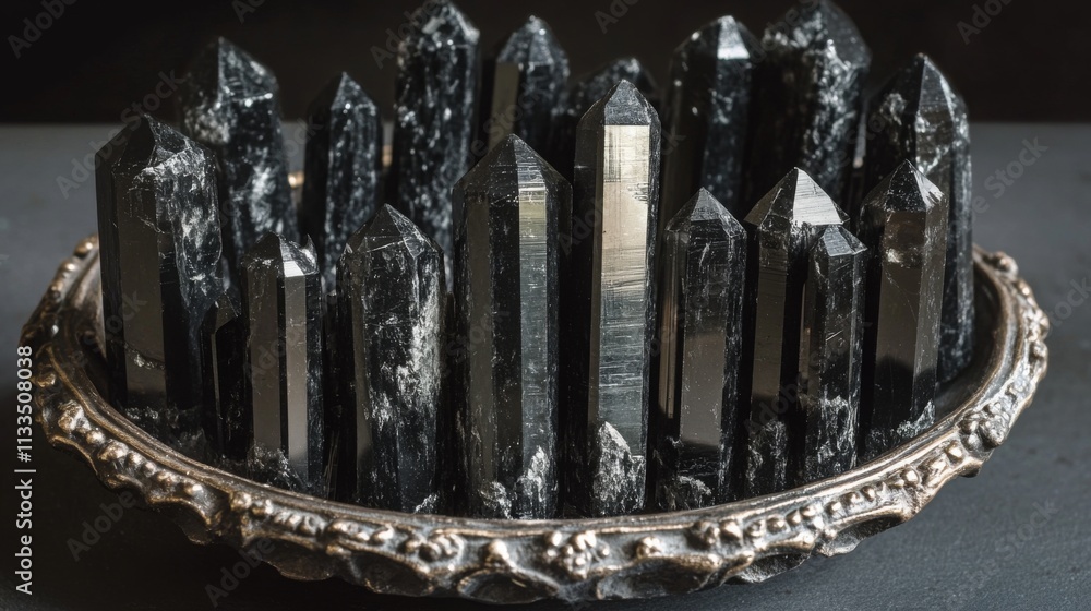 Aufkleber A striking arrangement of black gemstones forms a cluster within an ornate silver bowl. The sharp, pointed shapes of the crystals catch the light, creating a mesmerizing effect.