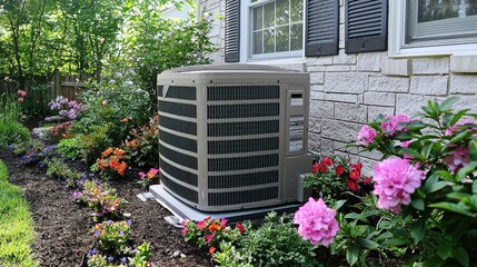 Outdoor Air Conditioning Unit in Lush Garden Setting with Colorful Flowers and Greenery on a Sunny Day