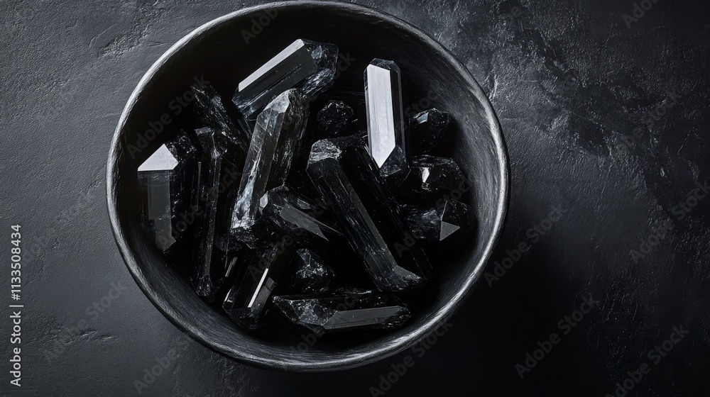 Aufkleber Dark black gemstones are artfully arranged in a round bowl, resting on a textured dark surface. The unique shapes and sharp angles create an intriguing visual contrast and beauty.