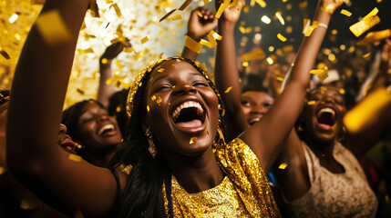 The women toss handfuls of golden confetti into the air, their excitement and celebration filling the room with infectious energy and shimmering beauty.