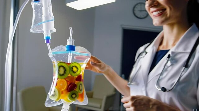 In a well-lit clinic room, a cheerful nurse is holding an IV drip bag filled with tropical fruits and juices for vitamin infusion therapy. slow motion scene