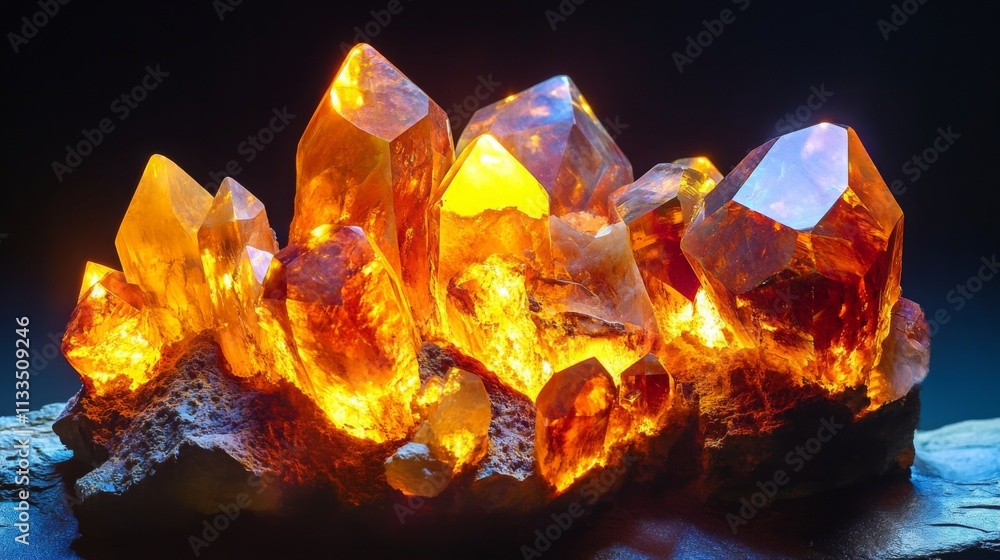 Poster a beautiful cluster of gemstones displays a warm glow in a dark environment, showcasing various shap