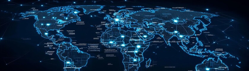 Obraz premium Global map highlighting interconnected backup facilities, business continuity, worldwide resilience