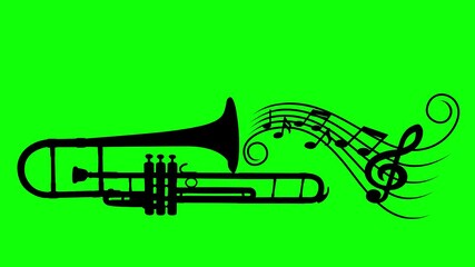 silhouettes trumpet animation. trombone with musical notes Audio Sound motion on green screen background. Brass Musical Instrument with sound wave animated 4k chroma key
