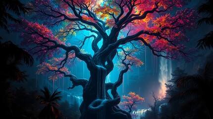 Fototapeta premium glowing mystical tree with vibrant colors in a surreal forest atmosphere for use in fantasy book covers or digital wallpapers