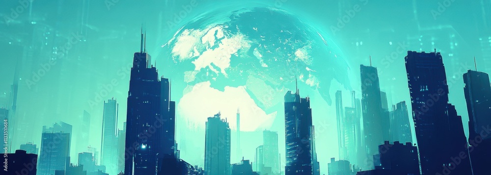 Poster a double exposure of a digital cyberpunk cityscape and a globe, with light leaks on the right side o