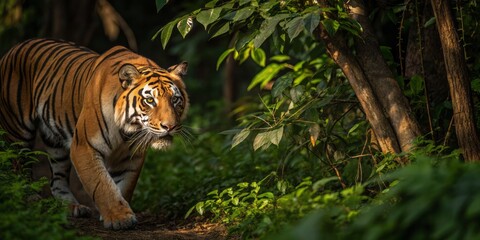 Majestic Bengal Tiger Stalking Through Dense Jungle in Golden Light 