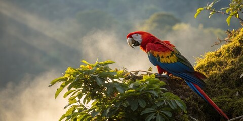 Scarlet Macaw Perched on Mossy Branch in Tropical Forest at Sunrise