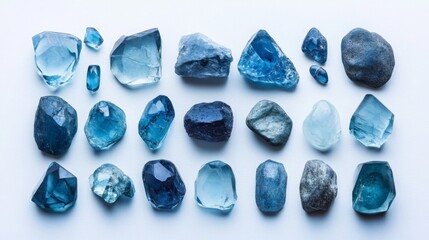 A collection of blue gemstones displayed in a variety of shapes and sizes showcases their unique qualities. Each stone exhibits a striking hue, reflecting light beautifully in a serene arrangement.