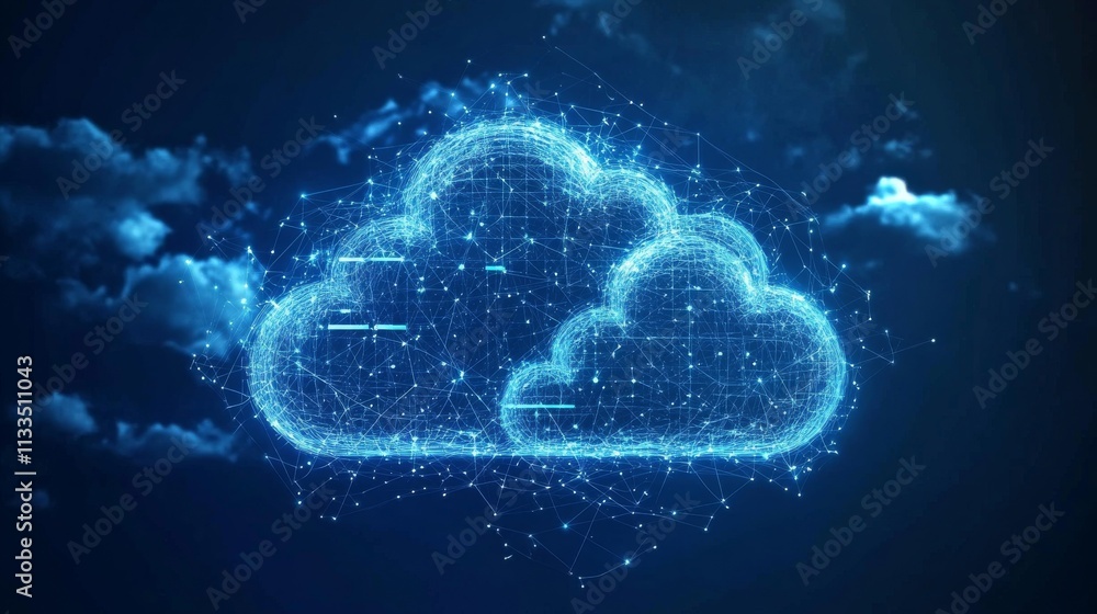 Poster two interconnected digital clouds in a blue-toned sky, symbolizing modern cloud computing technology