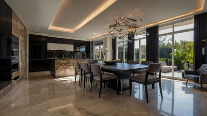 Fototapeta premium Modern dining area with dark cabinetry, marble flooring, and a large window overlooking a garden. A dark wood dining table is surrounded by gray chairs, and a statement chandelier hangs above.