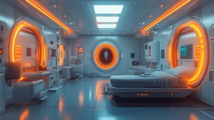 Naklejka premium Futuristic Hospital Room Featuring Advanced Technology and Glowing Orange Accents. Generative AI