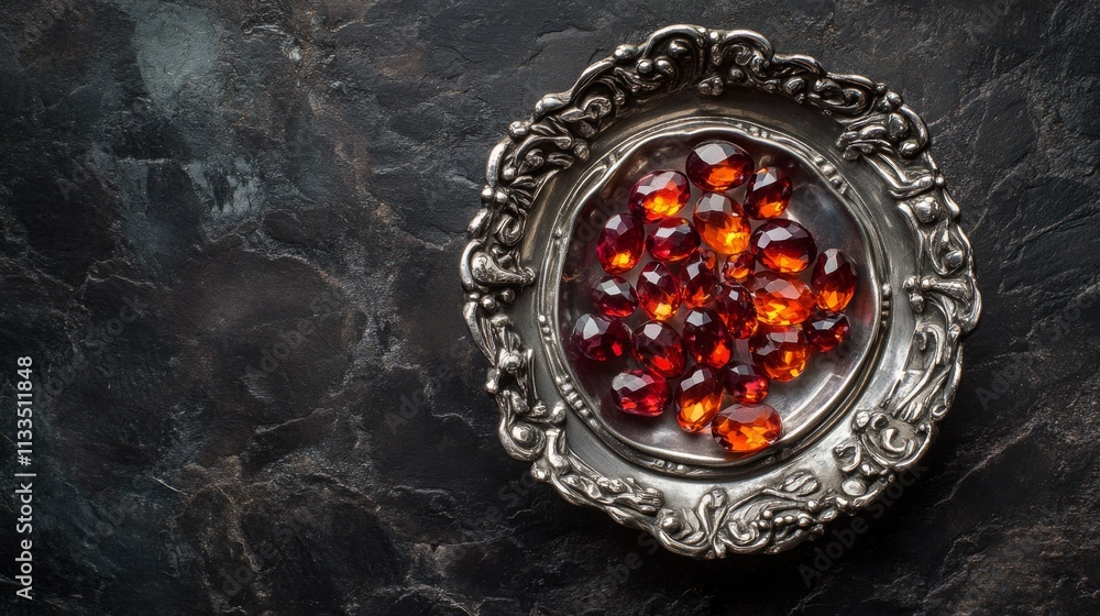 Aufkleber glistening gemstones with warm hues of red and orange are arranged neatly on a decorative silver tra
