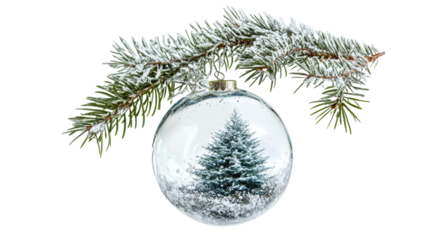 Christmas Tree inside snow ball hanging on fir branch isolated on white background