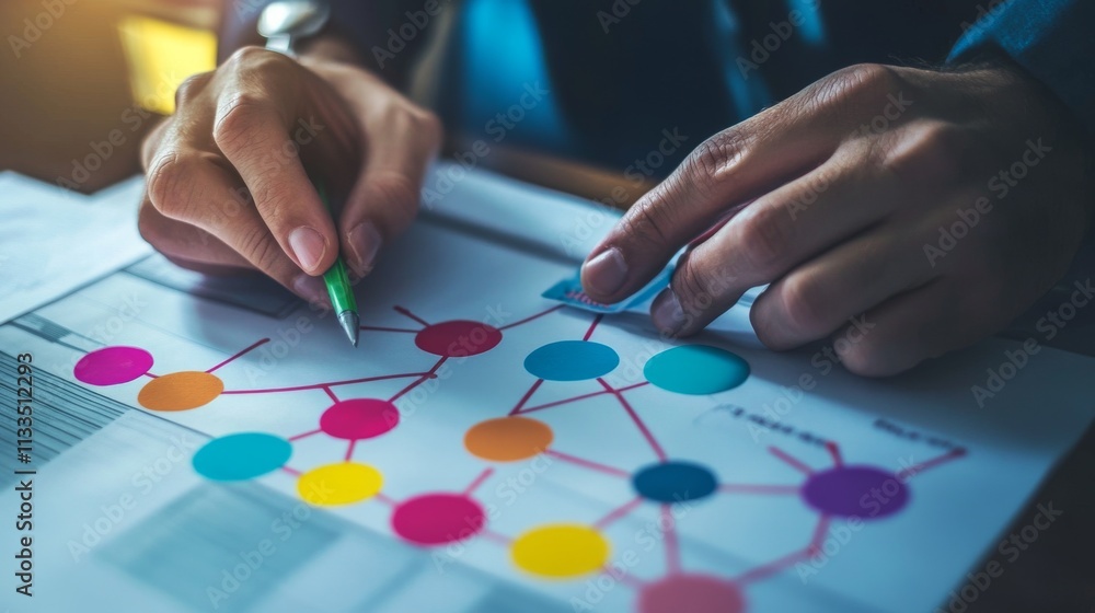 Poster a close-up of hands drawing a network diagram with vibrant circles representing connections. the vis