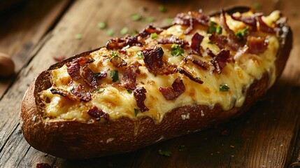 Close up of a rye bread boat with gooey cheese and crispy bacon bits, on a distressed wooden background
