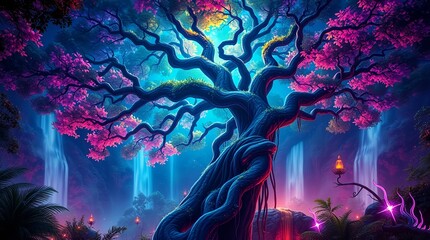 Fototapeta premium vibrant glowing tree with magical neon light in a mysterious forest for use in creative backgrounds