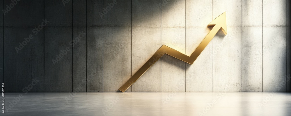 Poster simple gold graph arrow rising in an empty room, representing growth in isolated financial contexts 