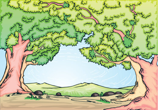 cartoon landscape with trees and mountain far away, on blue sky background vector illustration