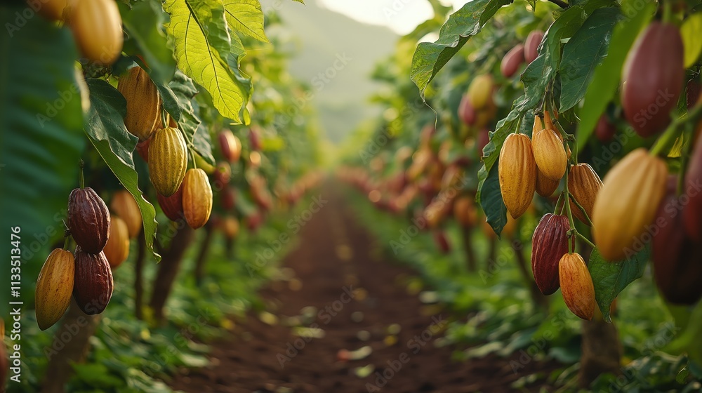 Poster lush cocoa plantation with rows of trees bearing ripe pods in various colors.