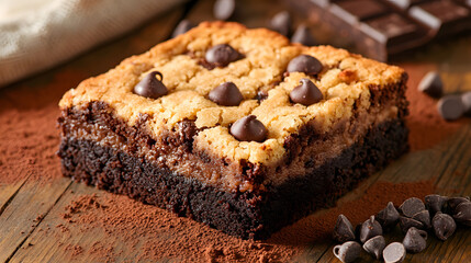 A Mesmerizing Close-up of Homemade Brookies with Chocolate Chips on a Rustic Wooden Table Surrounded by Baking Essentials