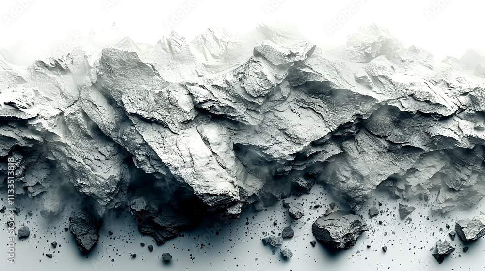 Poster textured rocks create dramatic shapes and shadows in a peaceful setting