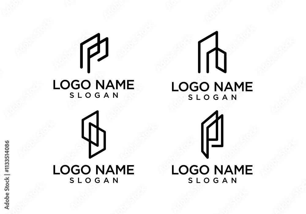 Poster simple logo vector of initial letter p with negative space vector of apartment building and house.