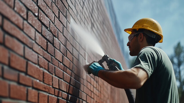 Dirt and algae wash away under the force of a water jet as a construction worker restores the natural beauty of a brick facade.