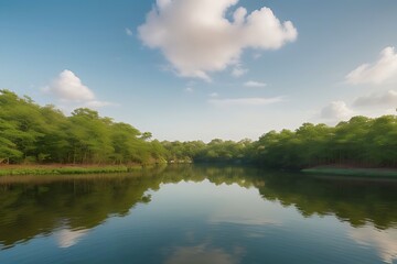 Fototapeta premium Calm Lake with Floating Lotus Flowers