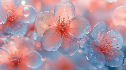 Close-Up of Pink and Blue Cherry Blossom Flowers with Water Droplets in Soft Focus
