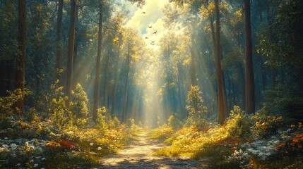 Obraz premium Sunlit forest path, wildflowers, birds flying.