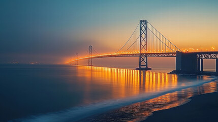Obraz premium The majestic bridge stretches across a calm bay under a colorful sunset, reflecting vivid golden hues in the water, exuding serenity and grandeur.