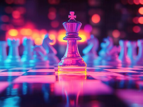 A glowing chessboard morphs into an abstract battlefield, representing a creative gambit move, cinematic lighting