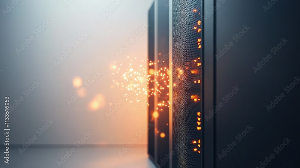 Poster data center server rack with glowing particles emanating, representing high-speed data transfer.