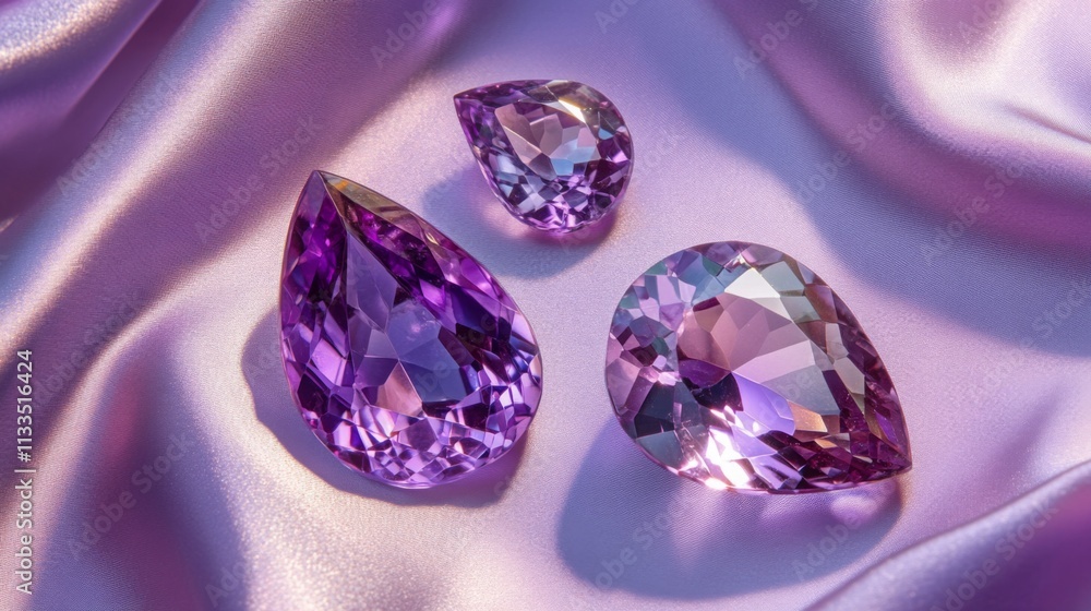 Aufkleber three exquisite purple gemstones in different sizes are placed on a smooth silk fabric.