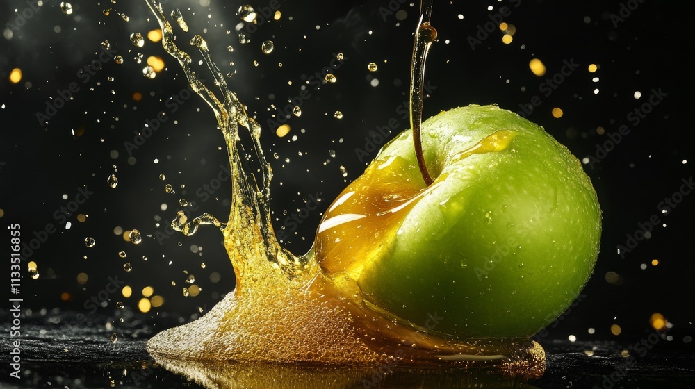 Poster dynamic shot of a green apple splashing into a pool of golden honey, captured with dramatic lighting