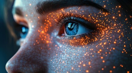 Naklejka premium Close-up eye, glowing orange sparks, futuristic skin.