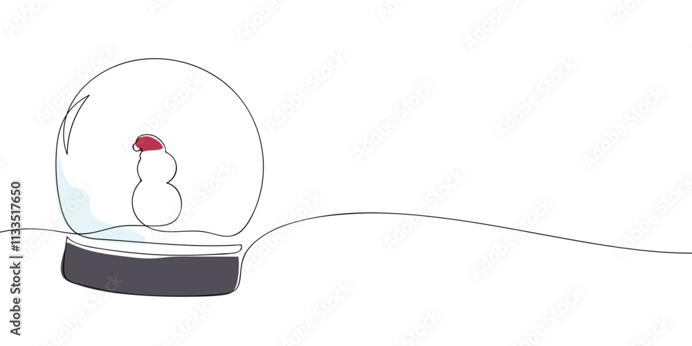 Poster a single line drawing of a snow globe with snowman. continuous line christmas globe icon in color. o