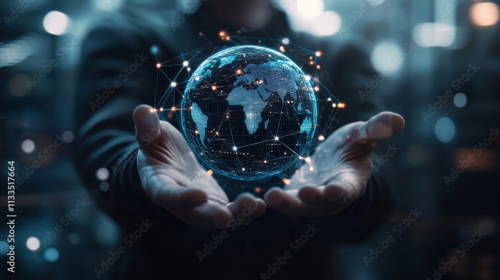 Poster a businessman holds a glowing 3d representation of a global digital network. the futuristic image re