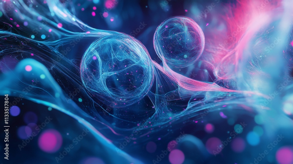 Poster a visually stunning abstract of floating bubbles and liquid forms in pink and blue tones. the vibran