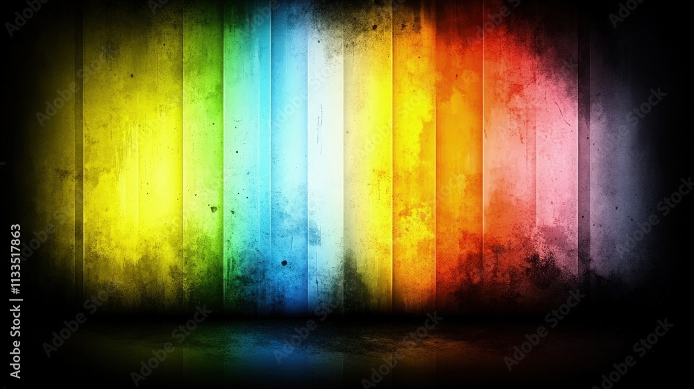 Poster grungy rainbow background with dark vignette and reflective floor.