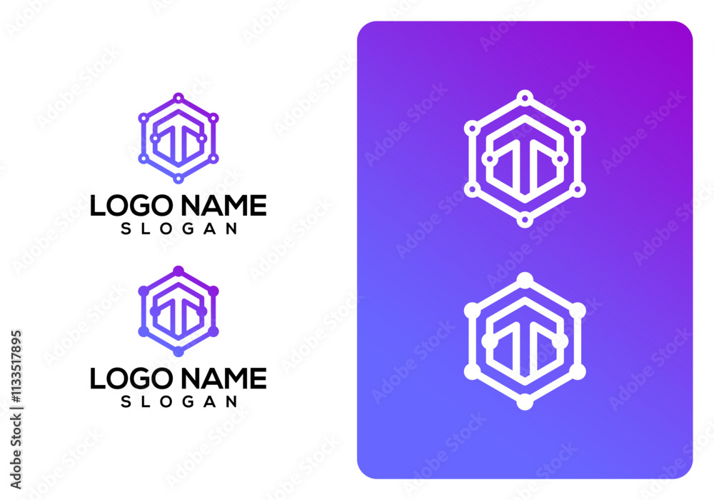 Poster simple hexagon initial t technology logo design vector