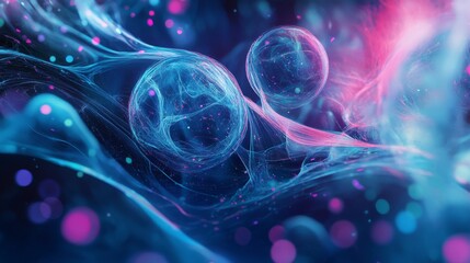 A visually stunning abstract of floating bubbles and liquid forms in pink and blue tones. The vibrant colors and dynamic shapes create a futuristic and imaginative scene, suggesting themes of