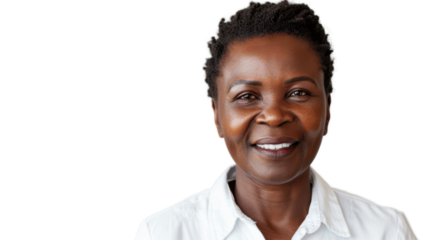 Healthcare, nurse african middle age woman smiling on white background
