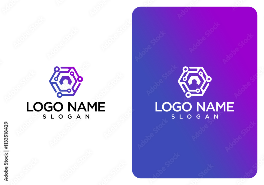 Poster a person logo design template in a polygonal hexagon technology circuit. abstract artificial intelli