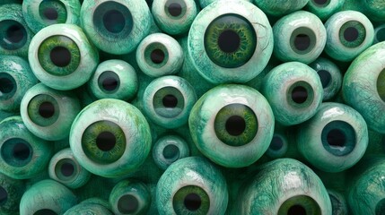 Fototapeta premium A visually striking composition featuring a dense cluster of realistic green eyeballs. The vibrant textures and organic arrangement create a surreal, futuristic, and slightly eerie mood, perfect for